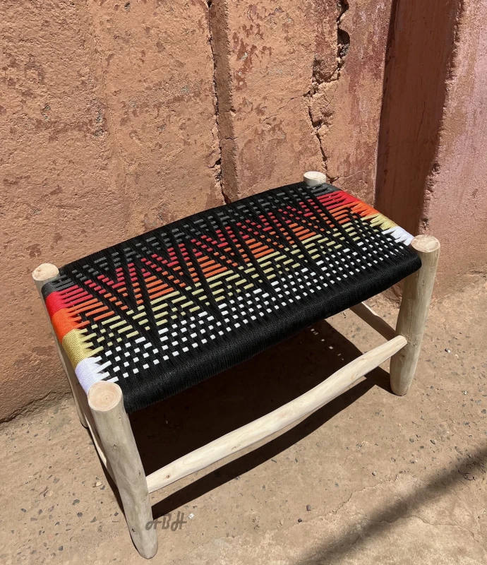 Moroccan wooden bench, Handmade bench, woven bench made of Macrame , wood bench, entryway bench,boho bench, Natural stool, moroccan decor.