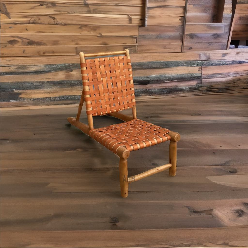 Moroccan handcrafted wooden armchair with natural leather seat